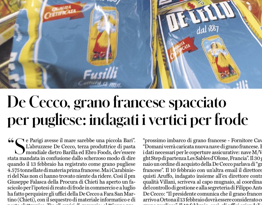 DeCecco hanno usato grano francese spacciandolo per grano pugliese