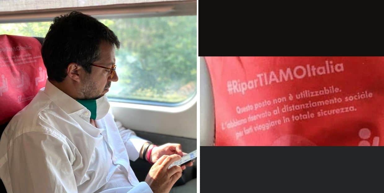 Salvini in treno senza mascherina e sul posto vietato