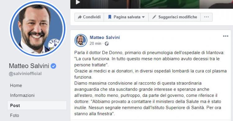 salvini cura del plasma sangue iperimmune coronavirus 750x391